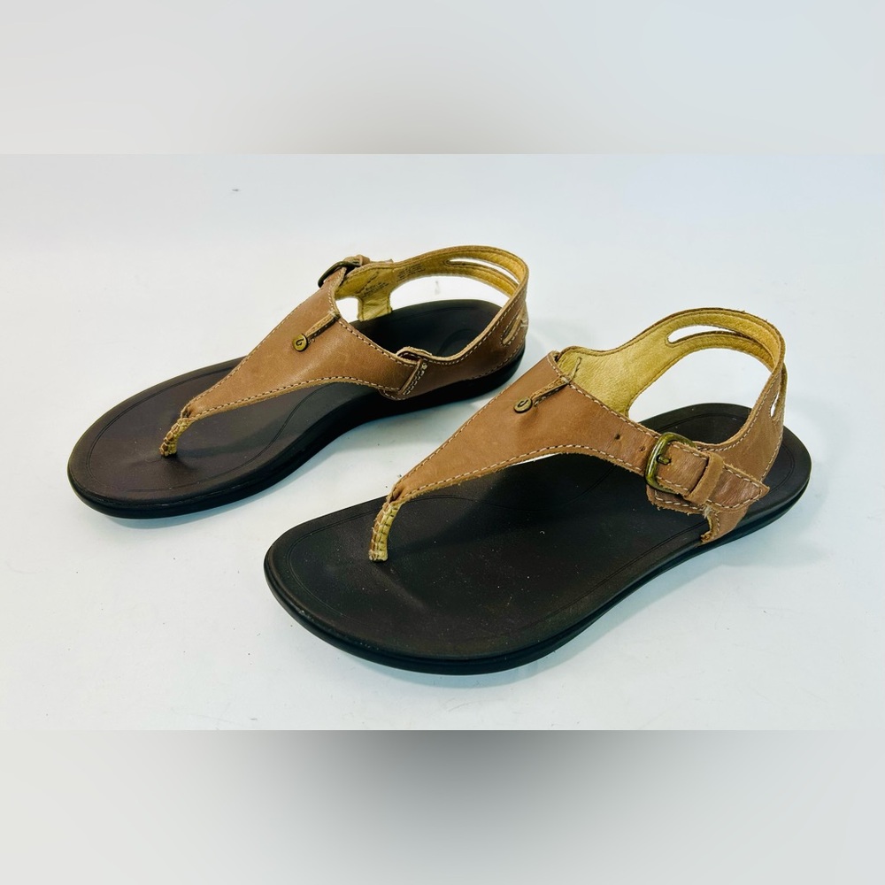 OluKai 'Eheu Thong Sandal in Kona Coffee Brown Leather size 6 - Picture 4 of 9